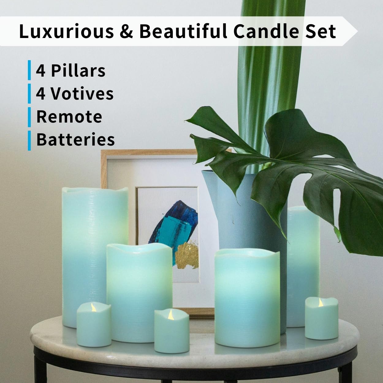 FURORA LIGHTING Blue Flameless Candles - Real Wax, Adjustable Brightness, Remote & Timer - 4 Pillars (3x4, 3x6) and 4 Votives, 8-Pack, Battery Operated