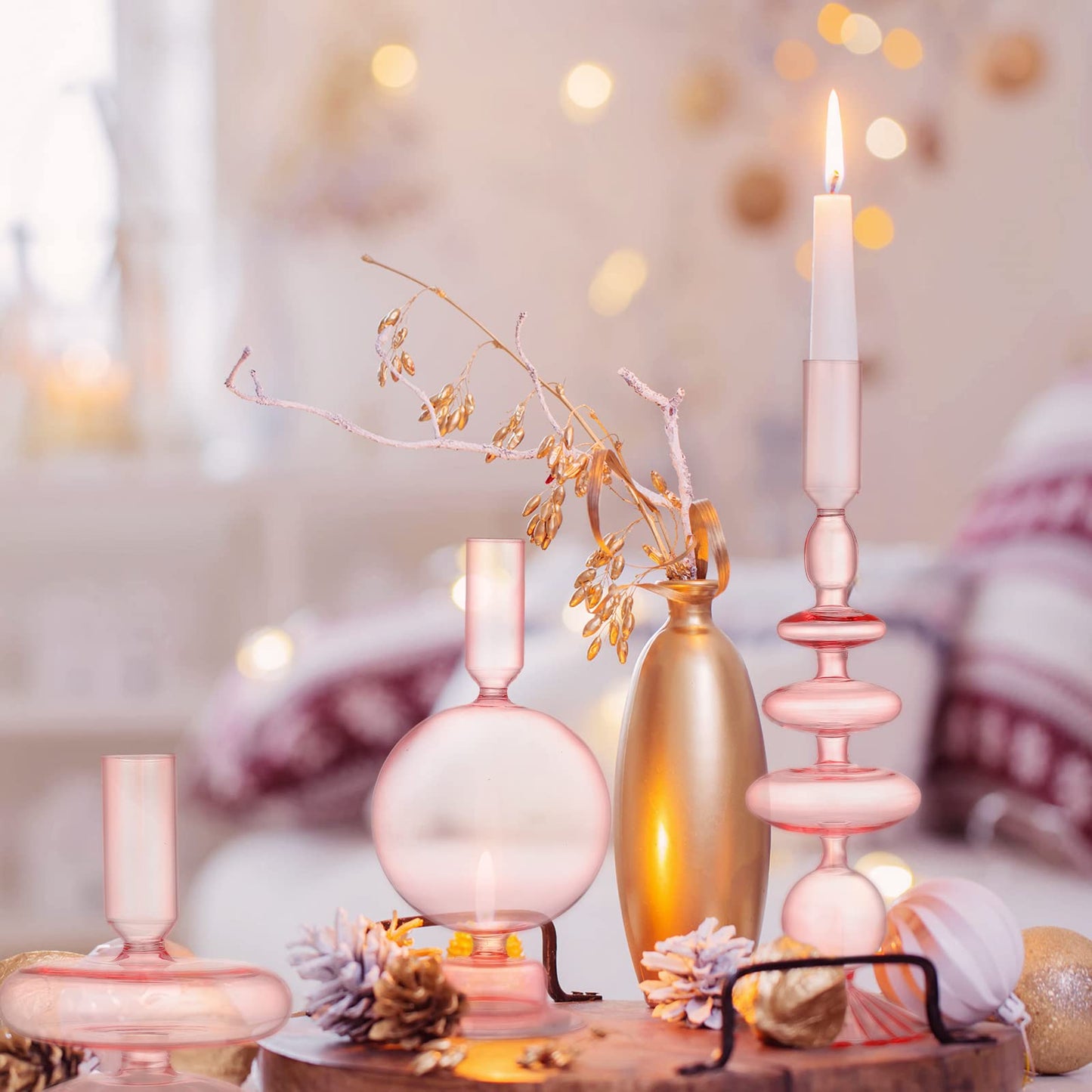 Rtteri 3 Pcs Glass Candlestick Holders Glass Candle Holders Groovy Wavy Elegant Taper Candle Stick for Wedding Home Birthday Party Easter St Patricks Day Decoration Windowsill Decor(Pink)