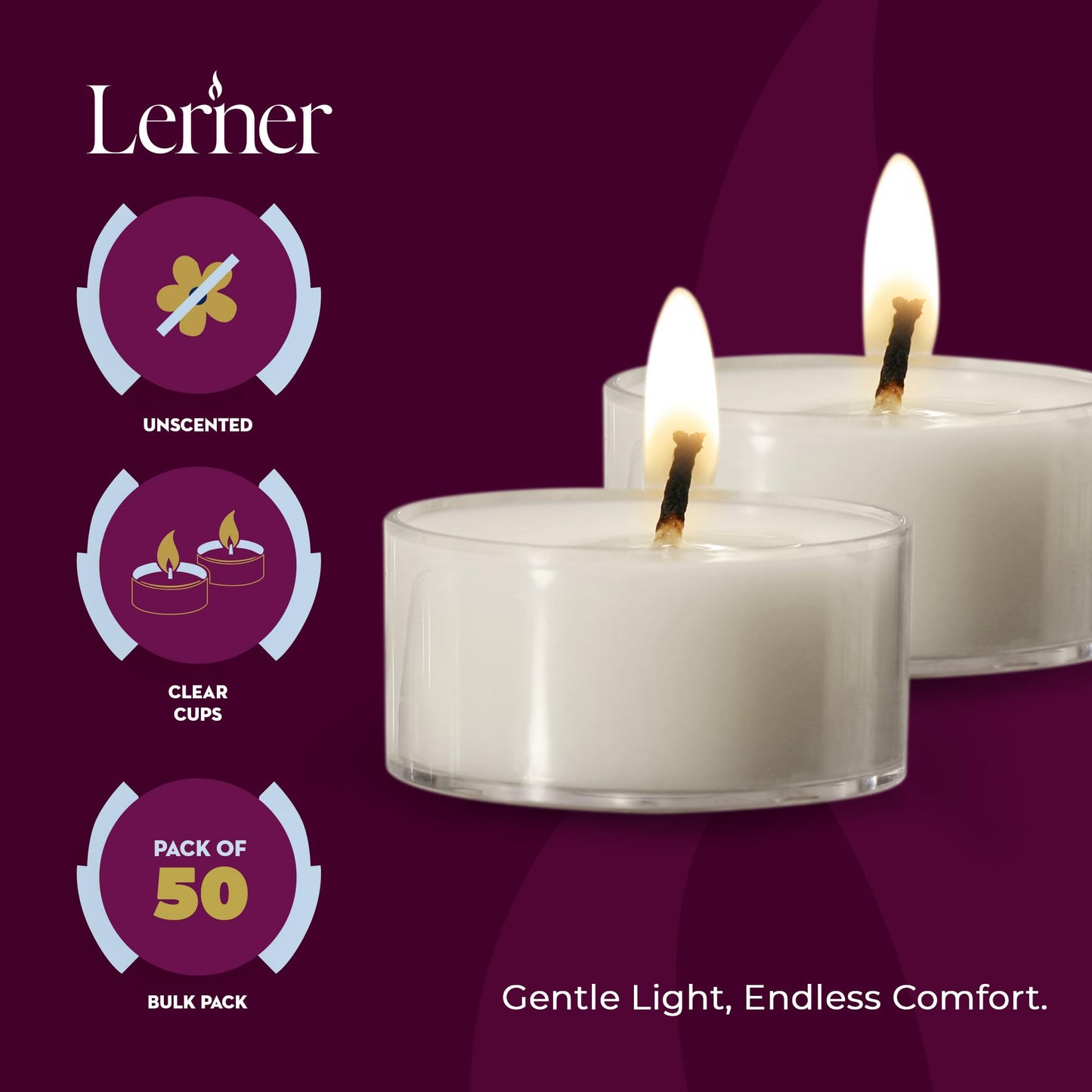 Lerner Clear Tea Lights Candles Bulk - 4.5 Hour Clear Cup Tealight 50 Pack - Consistent Smkless Clean Burning - Holiday, Wedding, Spa, Emergency and Home Decoration Candles