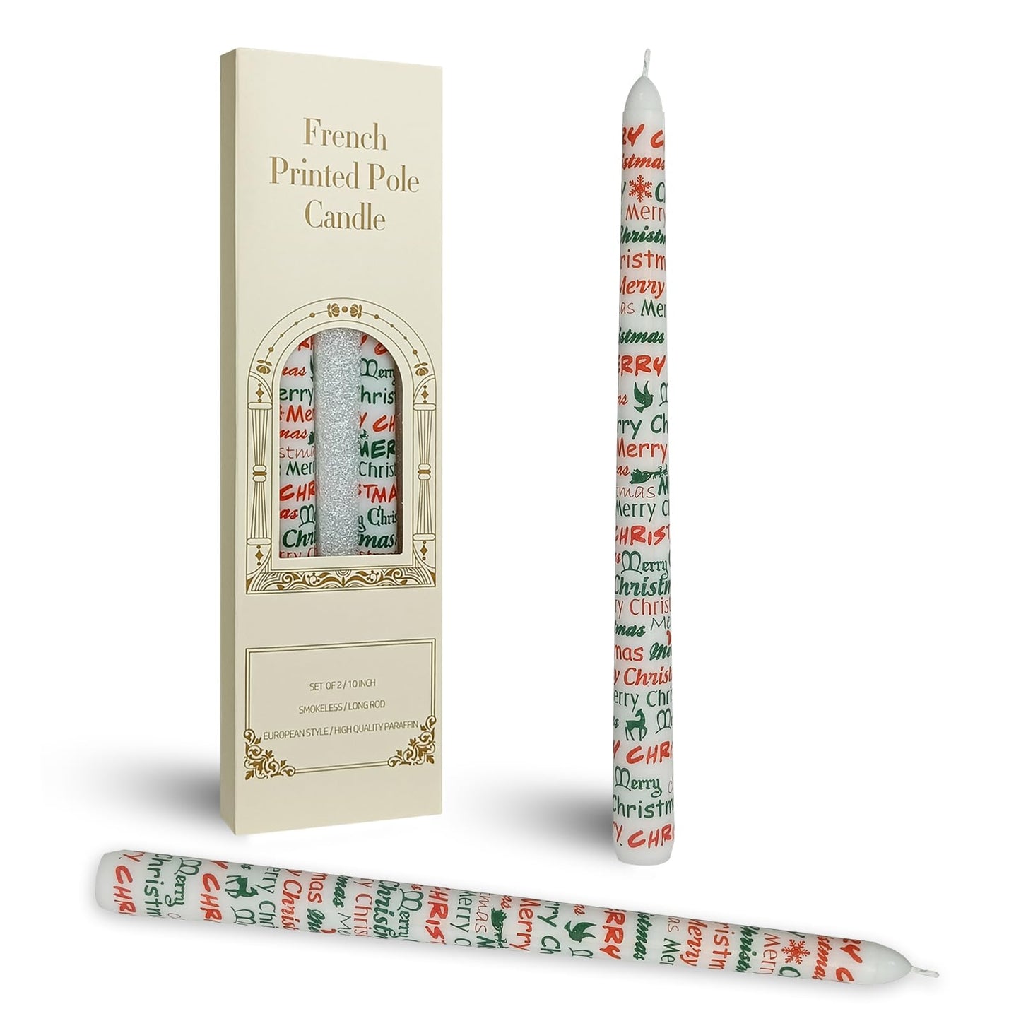 Baleagcdl Print Unscented Taper Candle X-mas Letters Decorative Candlesticks Handmade 10 Inch Drip Long Tapered Candles for Christmas Home Holiday Decor Gifts - Set of 2
