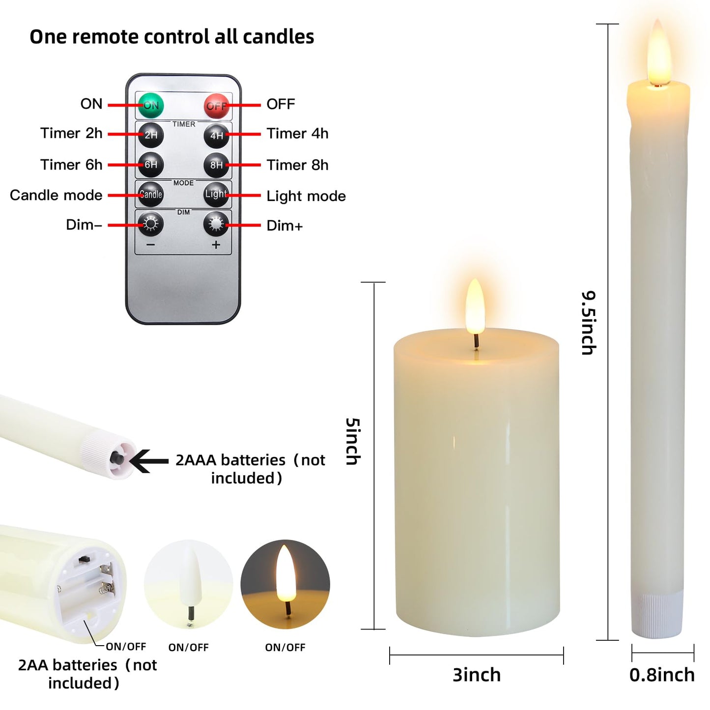 Hinabichan Real Wax LED Flameless Candles with Remote Timer, 4 Pcs Ivory Battery Operated Window Candle with 3D Flickering Flame for Fireplace Xmas Halloween Wedding Decor (9.5" Taper & 5" Pillar)