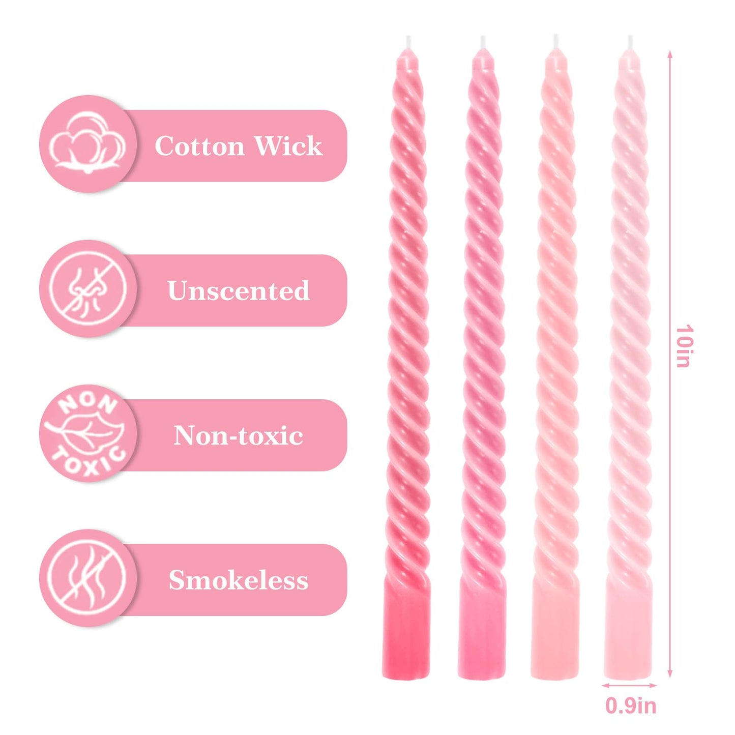 Whaline 8 Pcs 10 Inch Gradient Pink Spiral Taper Candles Dripless Twisted Wax Candles Long Unscented Candle Sticks for Valentine's Day Wedding Party Home Dining Table Decor