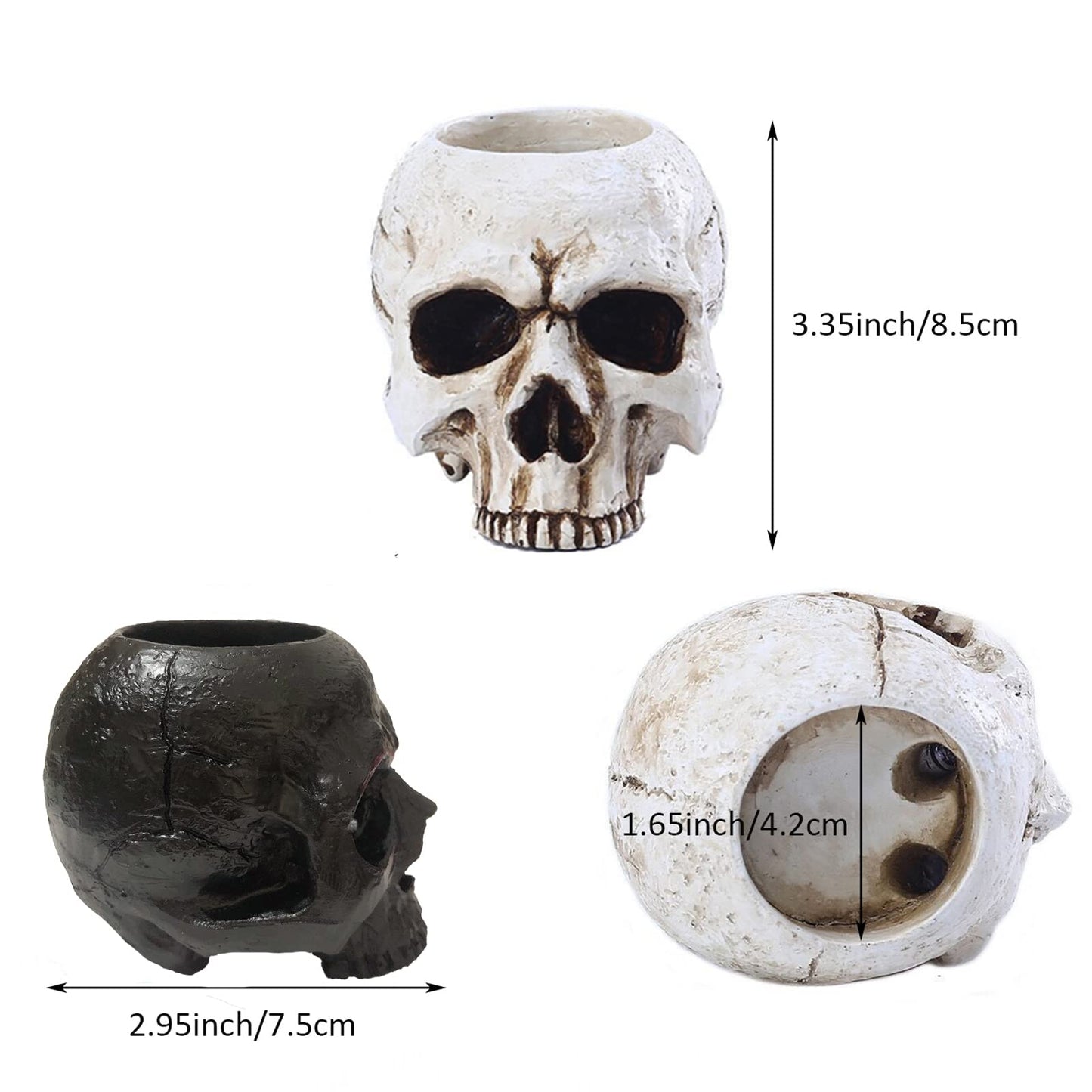 VICDUEKG 2 Pcs Skull Candle Holder Skeleton Candlestick Holders Tealight Resin Candlestick Crafts for Party Halloween Graveyard Outdoor Bar Home Decoration, Black and White