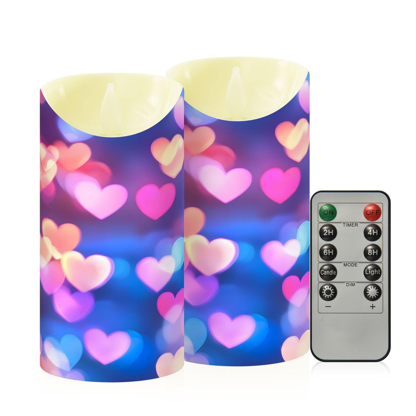 Valentines Flameless Candles Set of 2 Pink Blue Heart Neon Pattern Realistic LED Candles with Remote Battery Operated Holiday Decorations