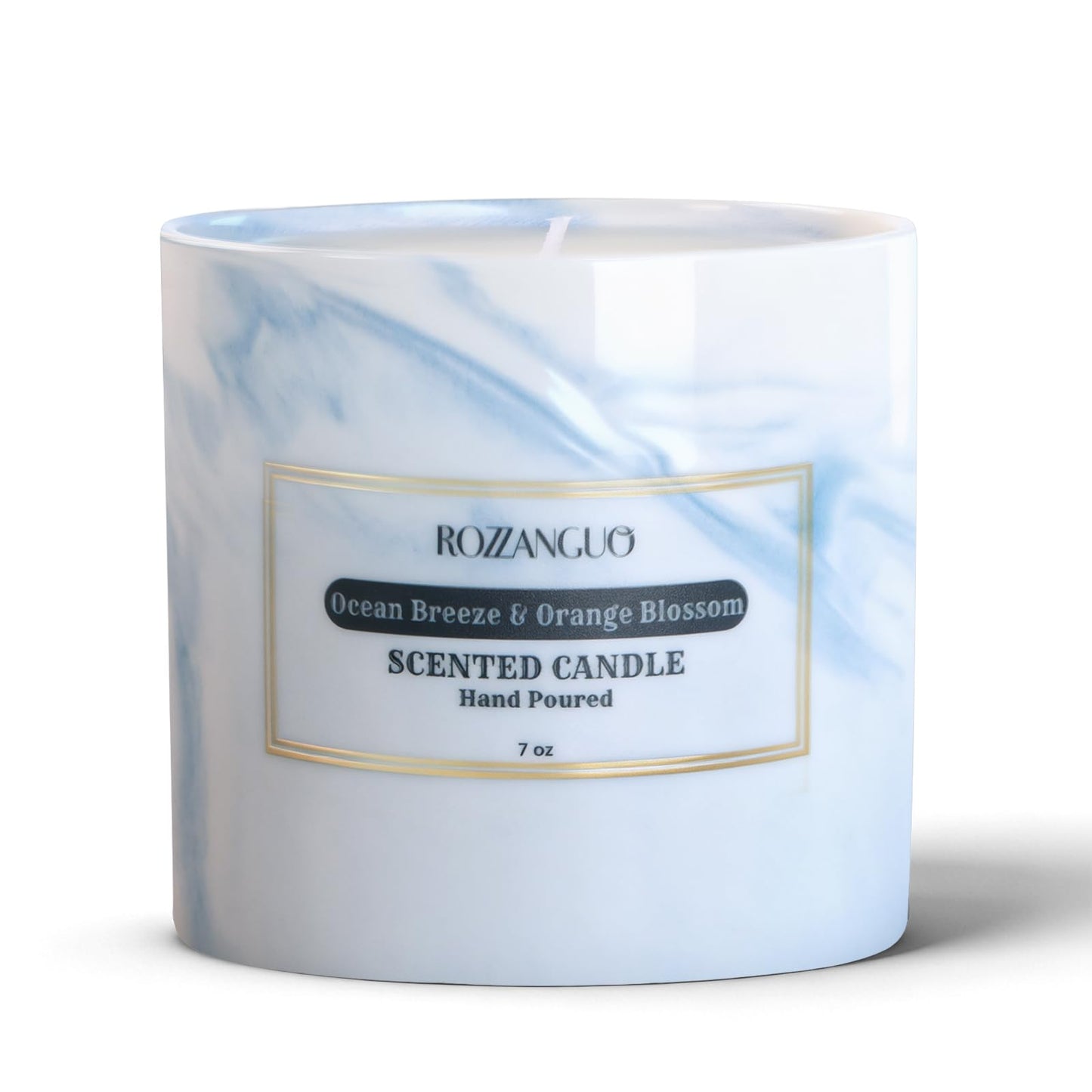 Rozzanguo Luxury Marble Jar Scented Candle | Women Men | Non Toxic 100% Natural Coconut & Soy Wax Blend Cotton Wick | Hand Poured Highly Scented Long Lasting (Ocean Breeze & Orange Blossom, 7 Ounces)