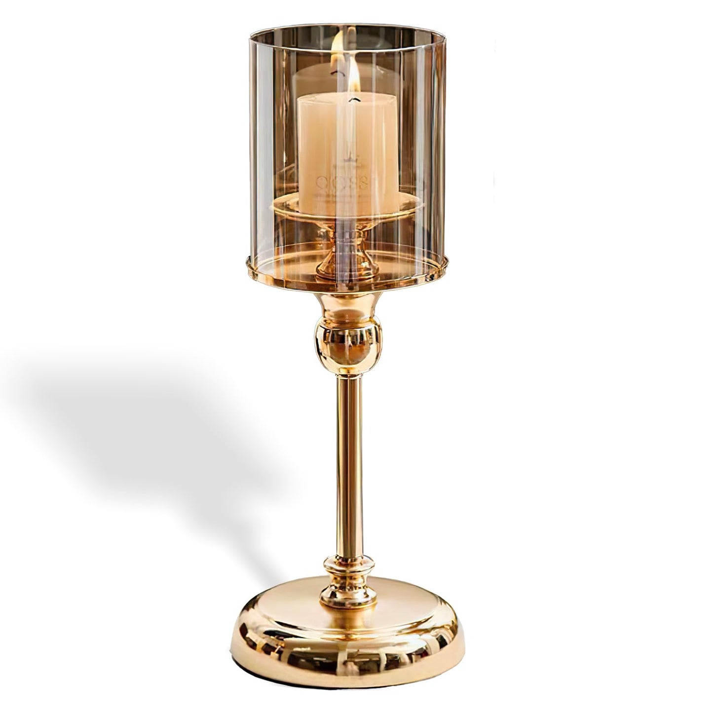 Modern Decorative Metal Candle Holder, Clear Glass Cylinder Candleholder, Open-End Candle Shade, Ideal for Table or Mantel Centerpiece, Wedding, Dining, Party Home Décor (Gold)