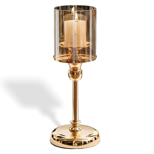 Modern Decorative Metal Candle Holder, Clear Glass Cylinder Candleholder, Open-End Candle Shade, Ideal for Table or Mantel Centerpiece, Wedding, Dining, Party Home Décor (Gold)
