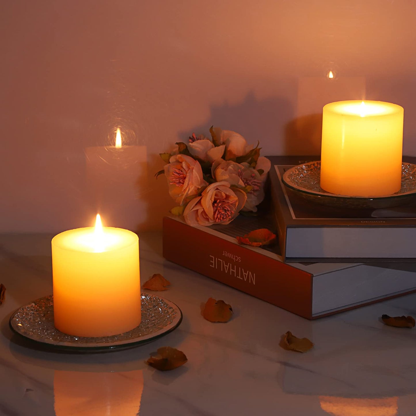 OwnMy 2PCS Mosaic Glass Pillar Candle Holder Plates and Trays, 6 Inch Glass Mosaic Candle Bases Coasters Decorative Pillar Candle Stands for Wedding Table Centerpiececs, Silver