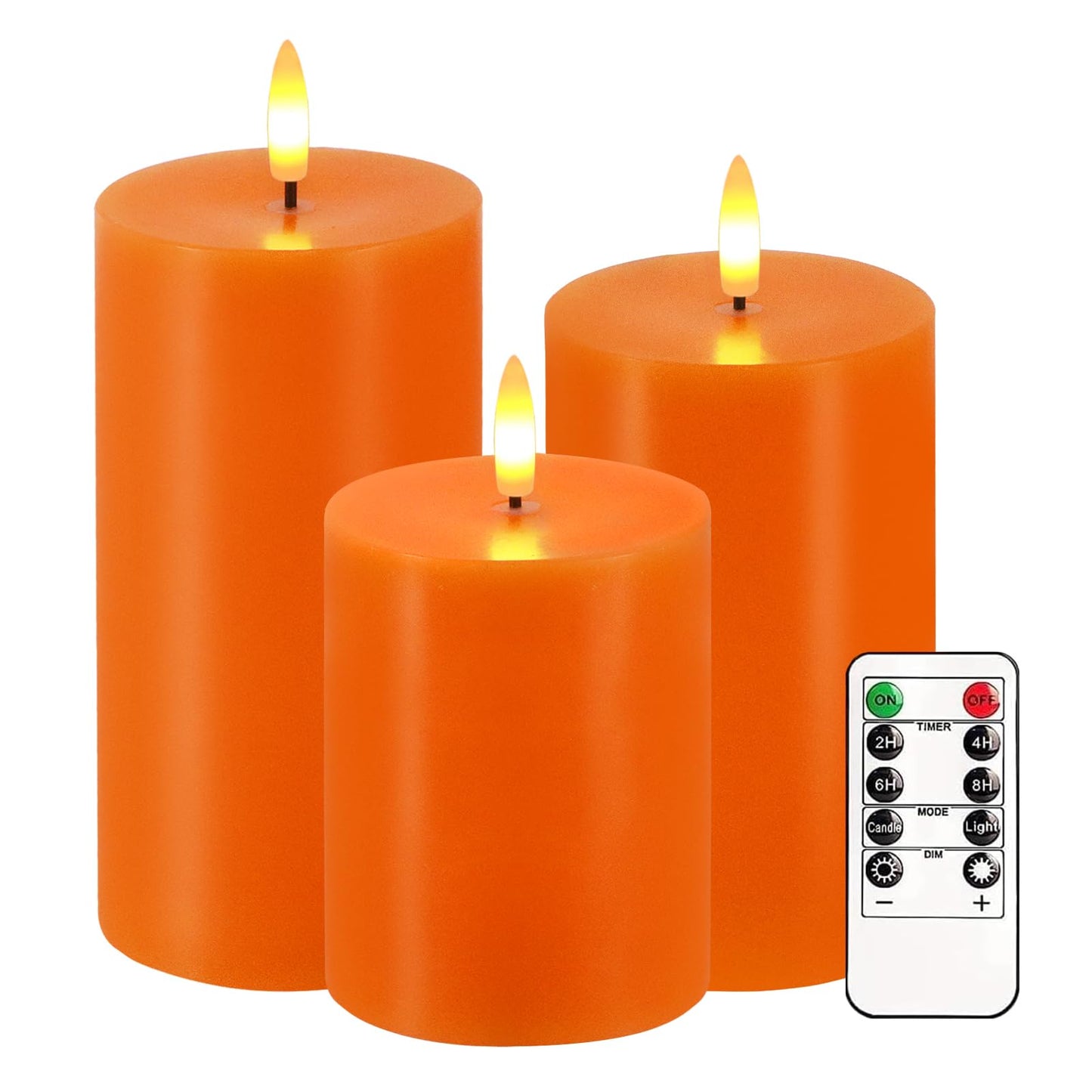 VEEKI Orange Flameless Candles, Set of 3 Flickering LED Candles with Remote & Timer, Dimmable Real Wax Pillar Candles Battery Operated, Electric Candles for Fall Thanksgiving Halloween Decor (Orange)