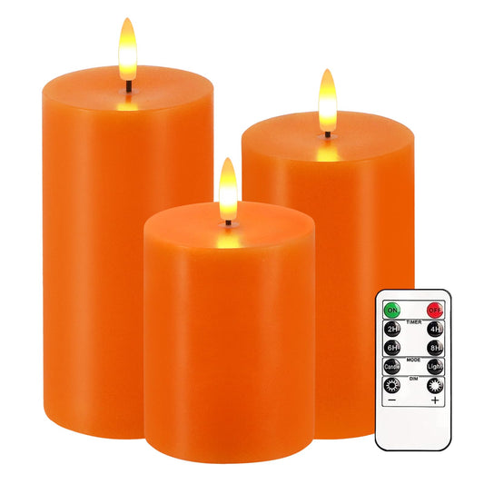 VEEKI Orange Flameless Candles, Set of 3 Flickering LED Candles with Remote & Timer, Dimmable Real Wax Pillar Candles Battery Operated, Electric Candles for Fall Thanksgiving Halloween Decor (Orange)