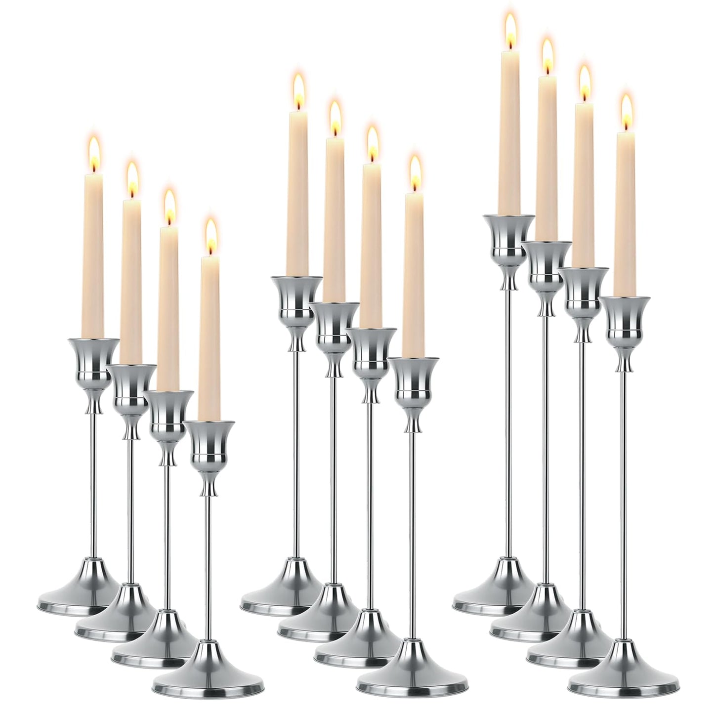Oakernel Silver Taper Candle Holders 4 Sets(12 Pcs) - Tall Metal Candlestick Holders for Table Centerpiece, Formal Dinner, Wedding, Fireplace Mantel Decor, Fits 3/4 Inch Thick Candles