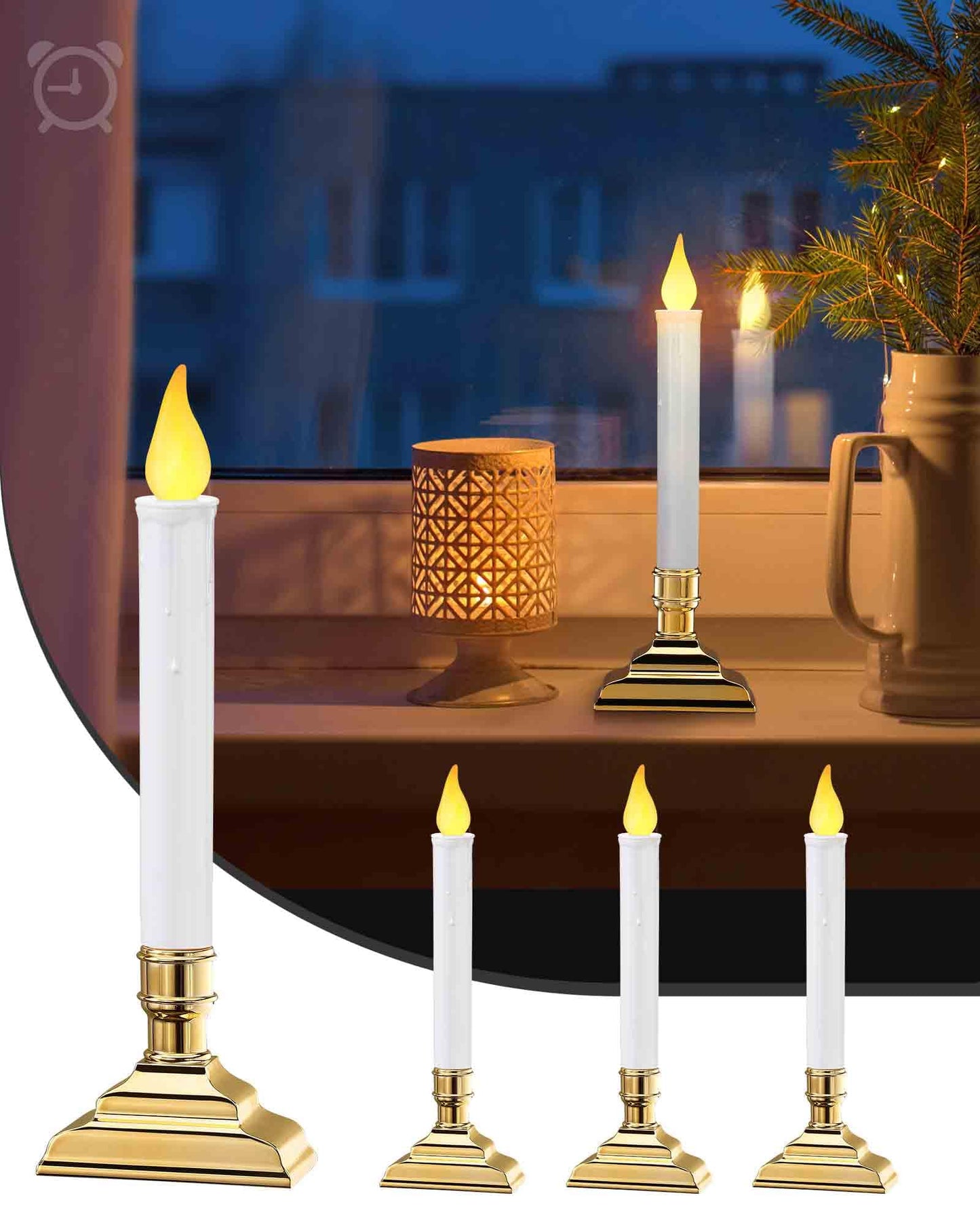 SURAIELEC 4 Pack Battery Operated Window Candles with Timer, Window Candle Lights with Removable Candle Holders, LED Christmas Candles for Christmas Windows, Mantel, Dining Table, Gloss Gold