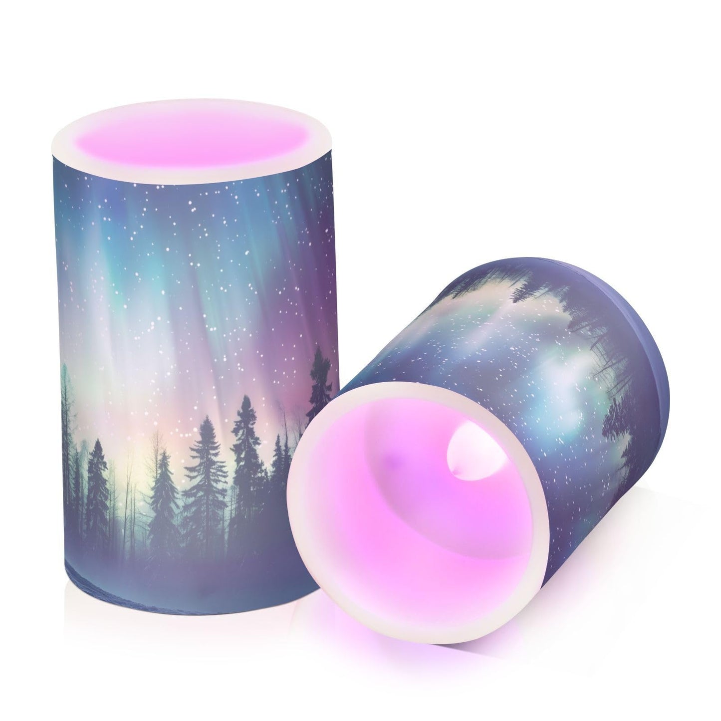 panksolu Flickering Flameless Candles, Aurora Borealis Forest Landscape LED Candles with Remote Timer, Battery Operated Candle for Valentine Wedding Halloween Christmas Decor - Set of 2