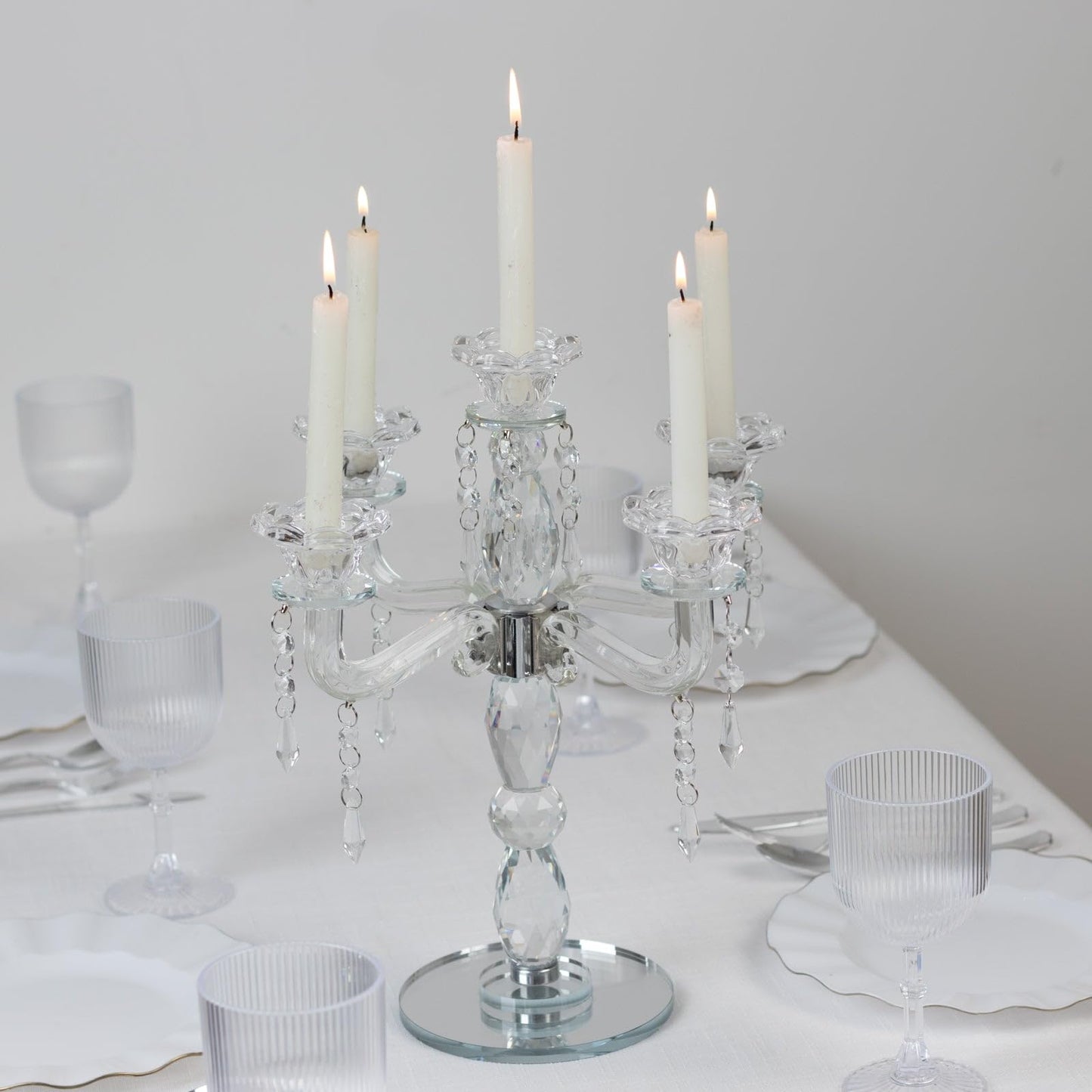 Efavormart Crystal 5-Arm Candelabra Taper Candle Holder with Hanging Prisms & Round Mirror Base – Faceted Cut Glass Design - 14" Tall