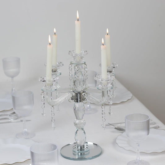 Efavormart Crystal 5-Arm Candelabra Taper Candle Holder with Hanging Prisms & Round Mirror Base – Faceted Cut Glass Design - 14" Tall