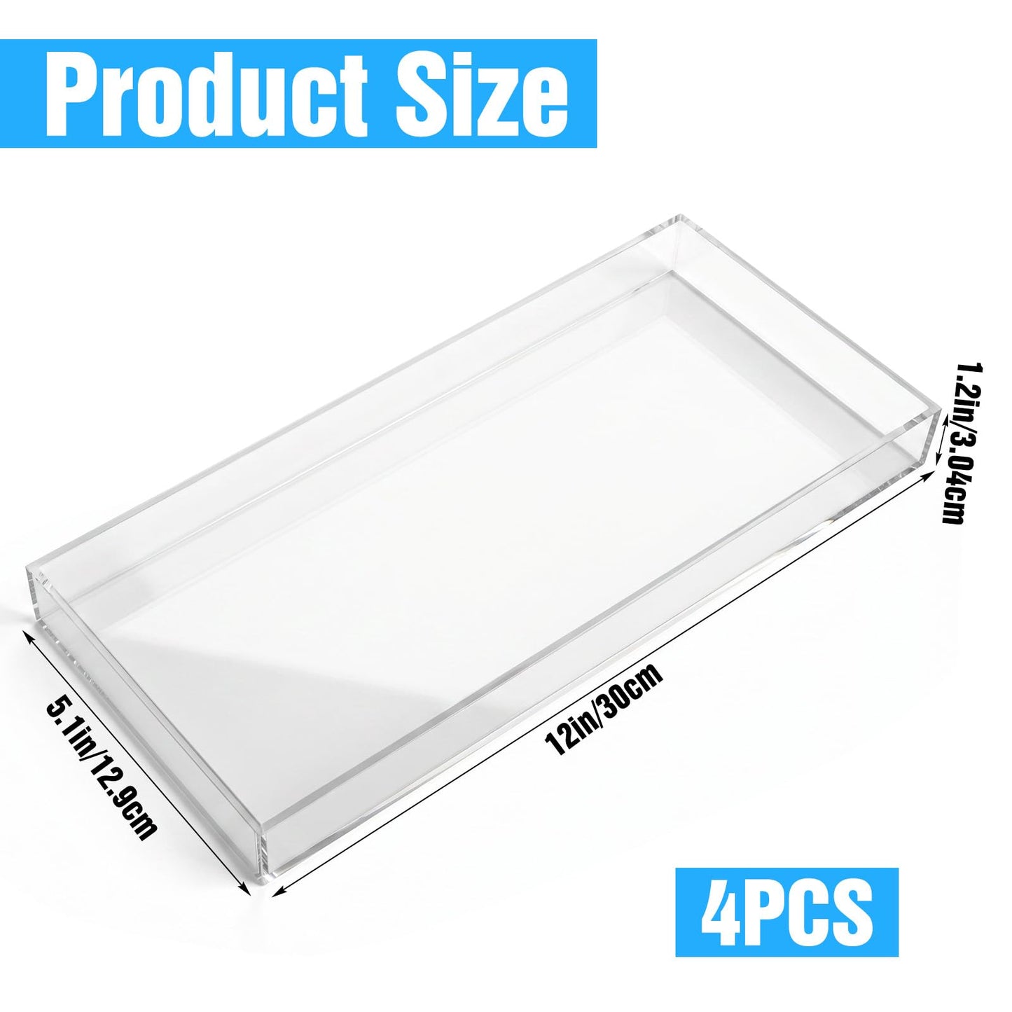 Kegeeei 4 Pack Acrylic Bathroom Trays, Clear Tray for Toilet Tank, Decorative Countertop Organizer for Perfume, Soap, Jewelry, Candle, Plant, 12 x 5.1 x 1.2 Inches