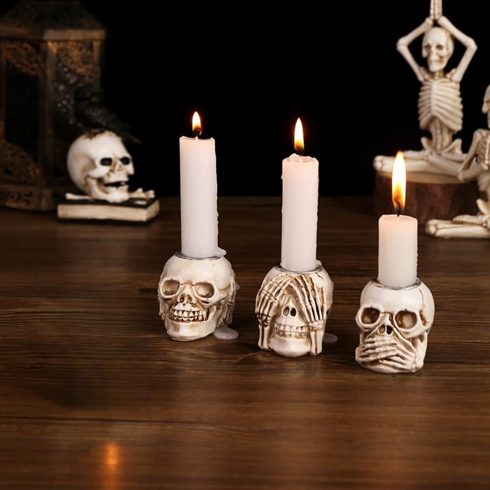 Christmas Skull Candle Holders Set of 3 – Gothic Skeleton Head Xmas Decorations for Spooky Home Décor, Haunted House, Party Centerpiece, Horror Candle Holder Gifts