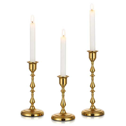 Inweder Brass Candlestick Holders Vintage: Gold Taper Candle Holder Metal Candle Sticks Holder Antique Decoration for Dinning Table Mantel Wedding Centerpieces Christmas Party Set of 3