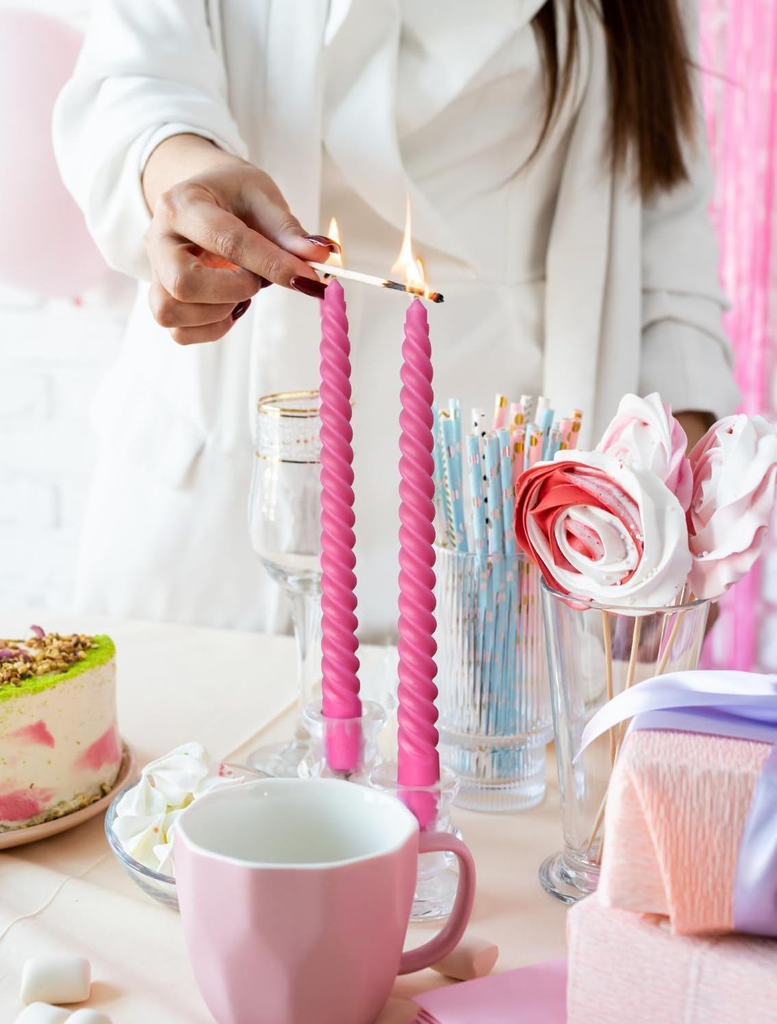 20 Pack 10 Inch Hot-Pink Spiral Taper Candles for Christmas and Holiday Home Decoration, Unscented Dripless Twisted Candlesticks for Dinner Party Wedding Valentine's Day