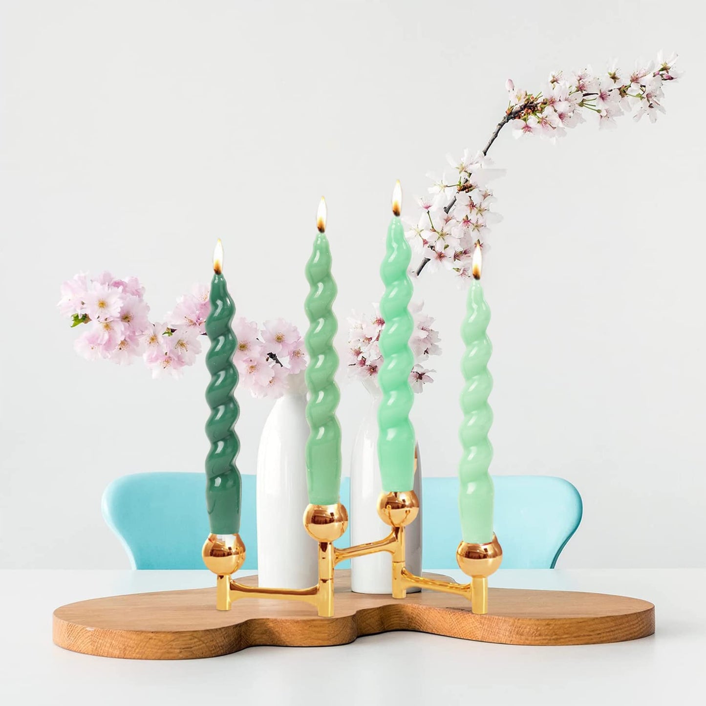 MAITREYA Green Spiral Taper Candles Conical Stick Candles Handmade Twisted Candles-Set of 4 for Decoration Weddings Party Church-Unscented Dripless Candles,7.5inch(A-Gradient Green)