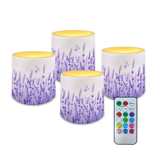 Poceacles 4 Pack Flickering Flameless LED Candles with Remote Timer, 3 AAA Batteries Operated (Not Include), Colorful Flame Effect Realistic LED Lights for Home Decor, Violet Butterfly Flower