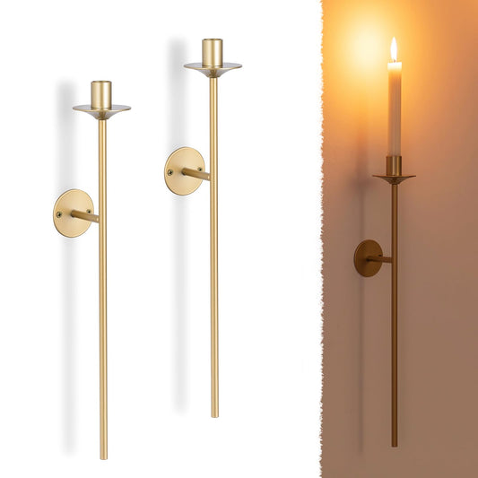 Romadedi Wall Sconces Candle Holder - Set of 2 Vintage Candle Sconces for Candlestick Taper Retro Long Metal Sconce Wall Decor for Living Room Dinning Room Bedroom Bathroom, Muted Gold
