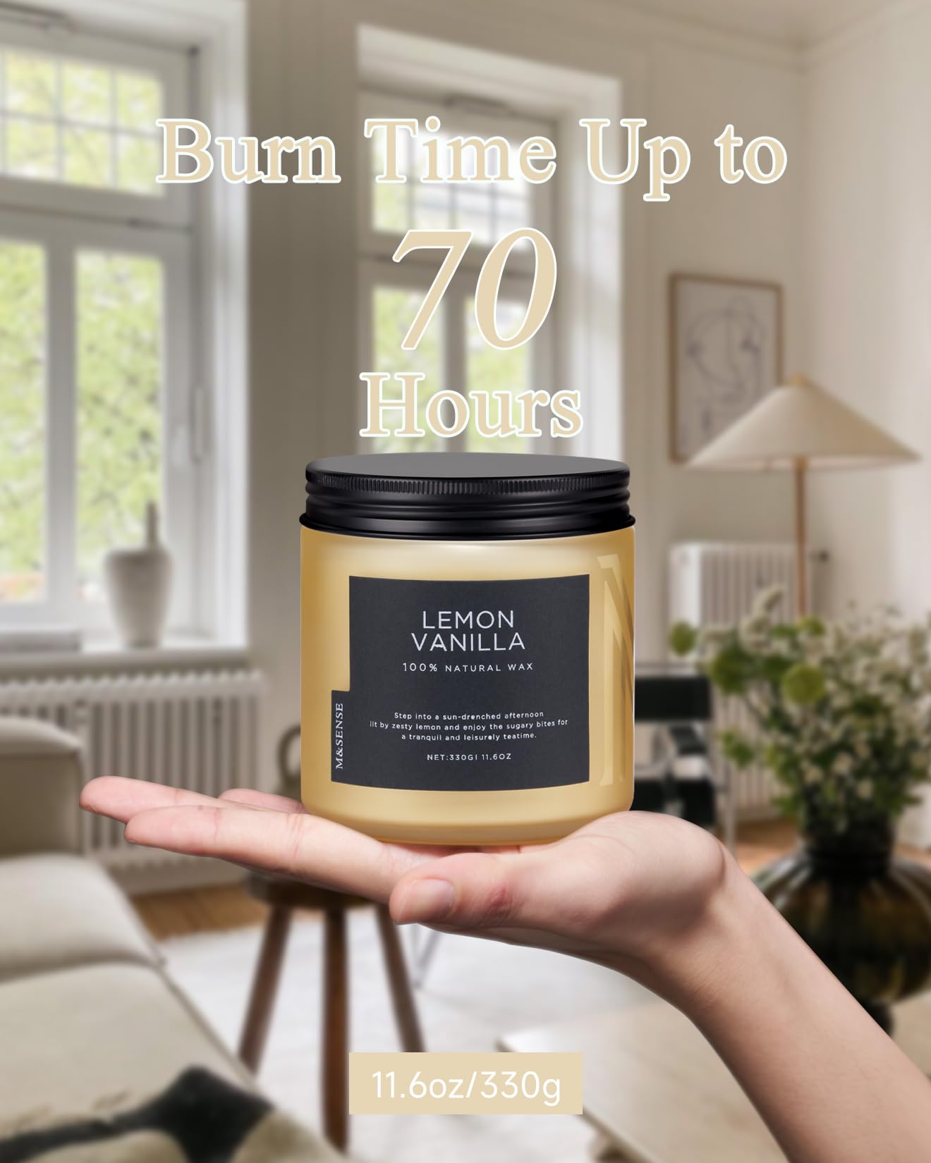 M&SENSE Lemon Vanilla Home Scented Candles, 11.6oz Organic Soy Wax, 70-Hour Clean Burning, Natural Candles Non Toxic, Citrus Scent for Relaxation, Aromatherapy Housewarming Gift for Men Women