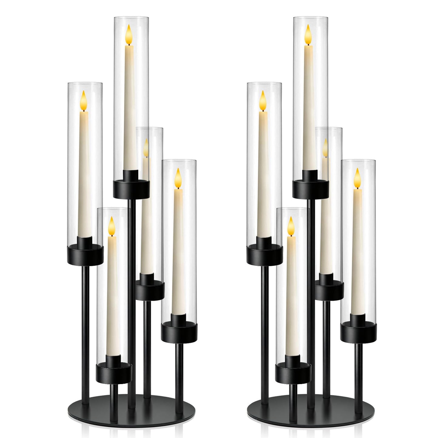KEHAIL 2Pcs 5-Arm Black Metal Table Candelabra Centerpiece, 22" Tall Acrylic Clear Candlesticks Holder with Shade for Valentines Day Events Party Table Centerpiece,Fit LED Candles