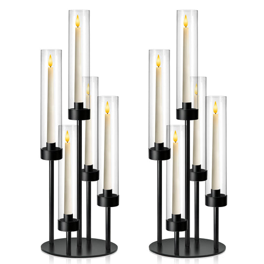 KEHAIL 2Pcs 5-Arm Black Metal Table Candelabra Centerpiece, 22" Tall Acrylic Clear Candlesticks Holder with Shade for Valentines Day Events Party Table Centerpiece,Fit LED Candles