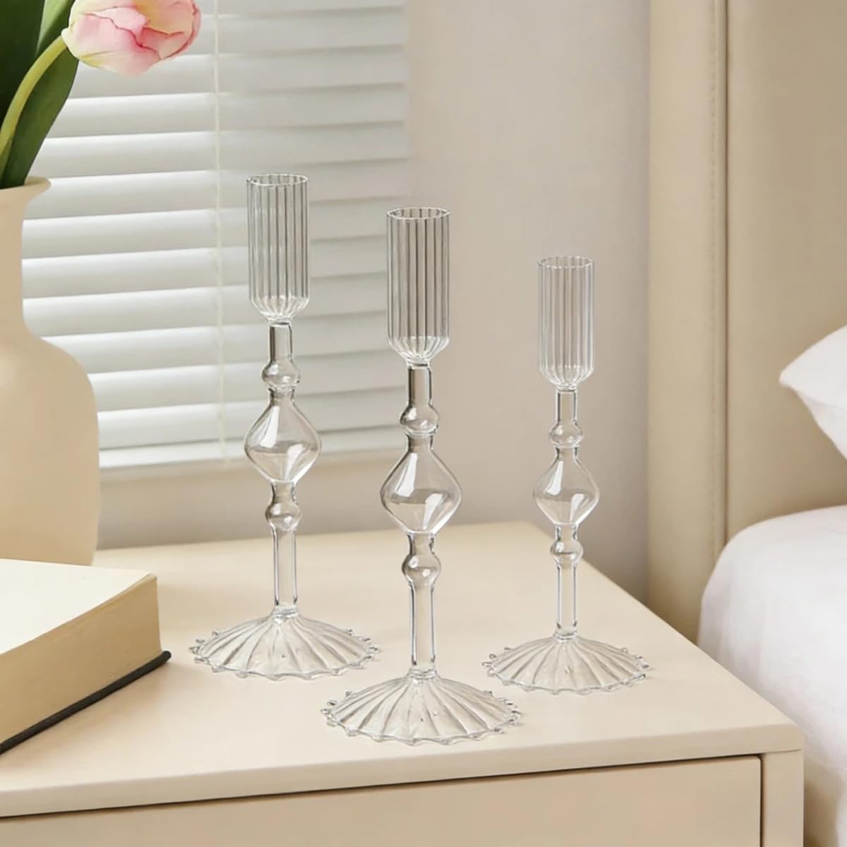 Mineaud 3Pcs Glass Candlestick Holders Glass Taper Candle Holders Groovy Wavy Elegant Candle Stick for Home Party Decoration,Styled-Clear