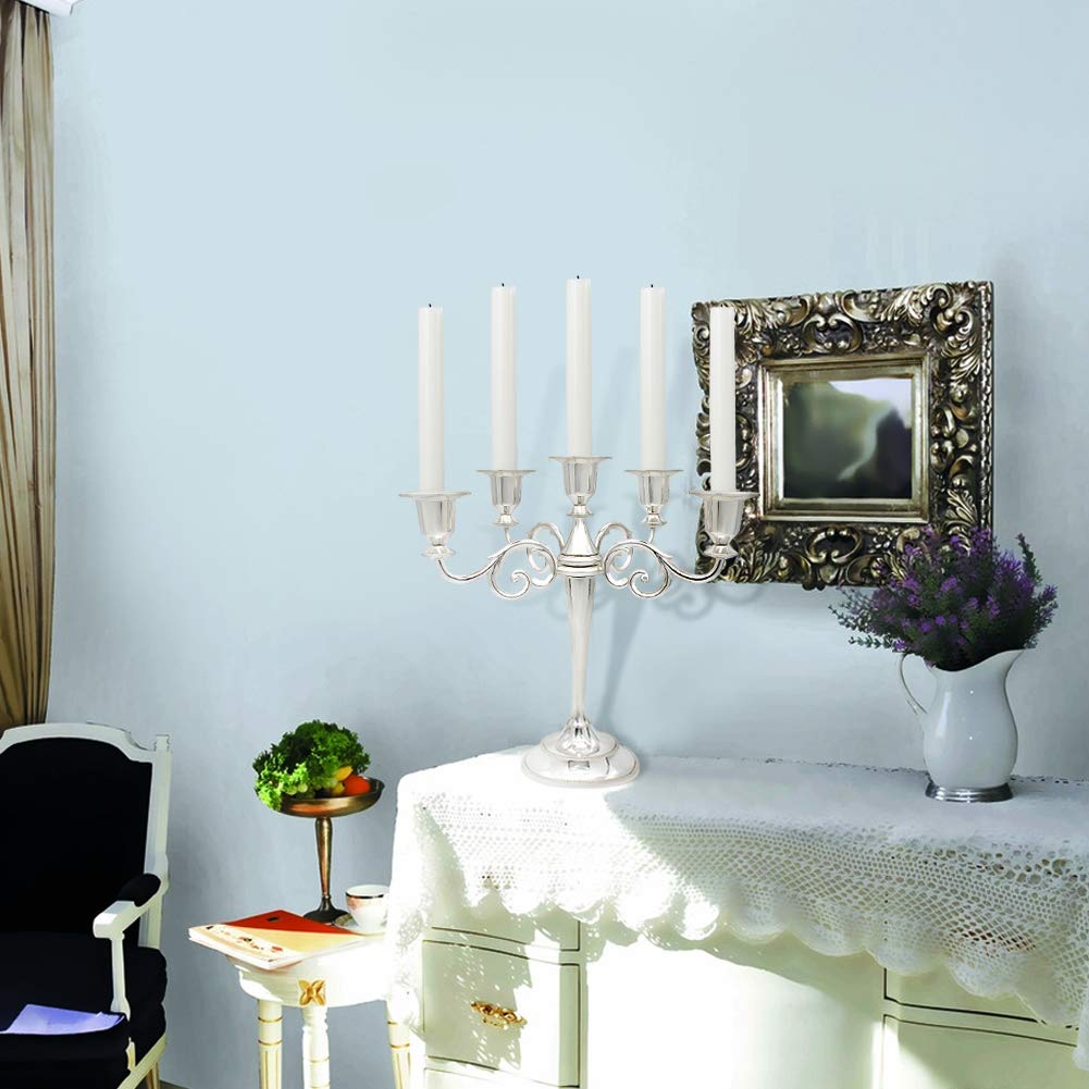 Dorlotou Metal Candelabra 5-Candle 10.1 Inch Tall Candle Holder Stick for Home Wedding Event and Party Festival,Silver