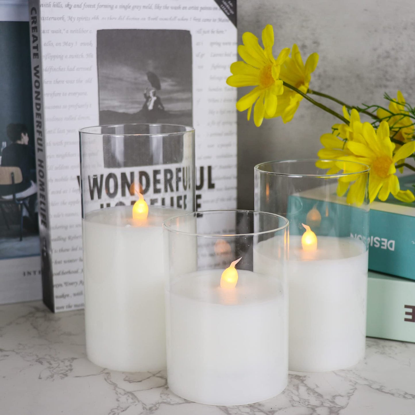 GenSwin Clear Glass Battery Operated Flameless Led Candles with 10-Key Remote and Timer, Real Wax Candles Warm White Flickering Light for Home Decoration(Set of 3)