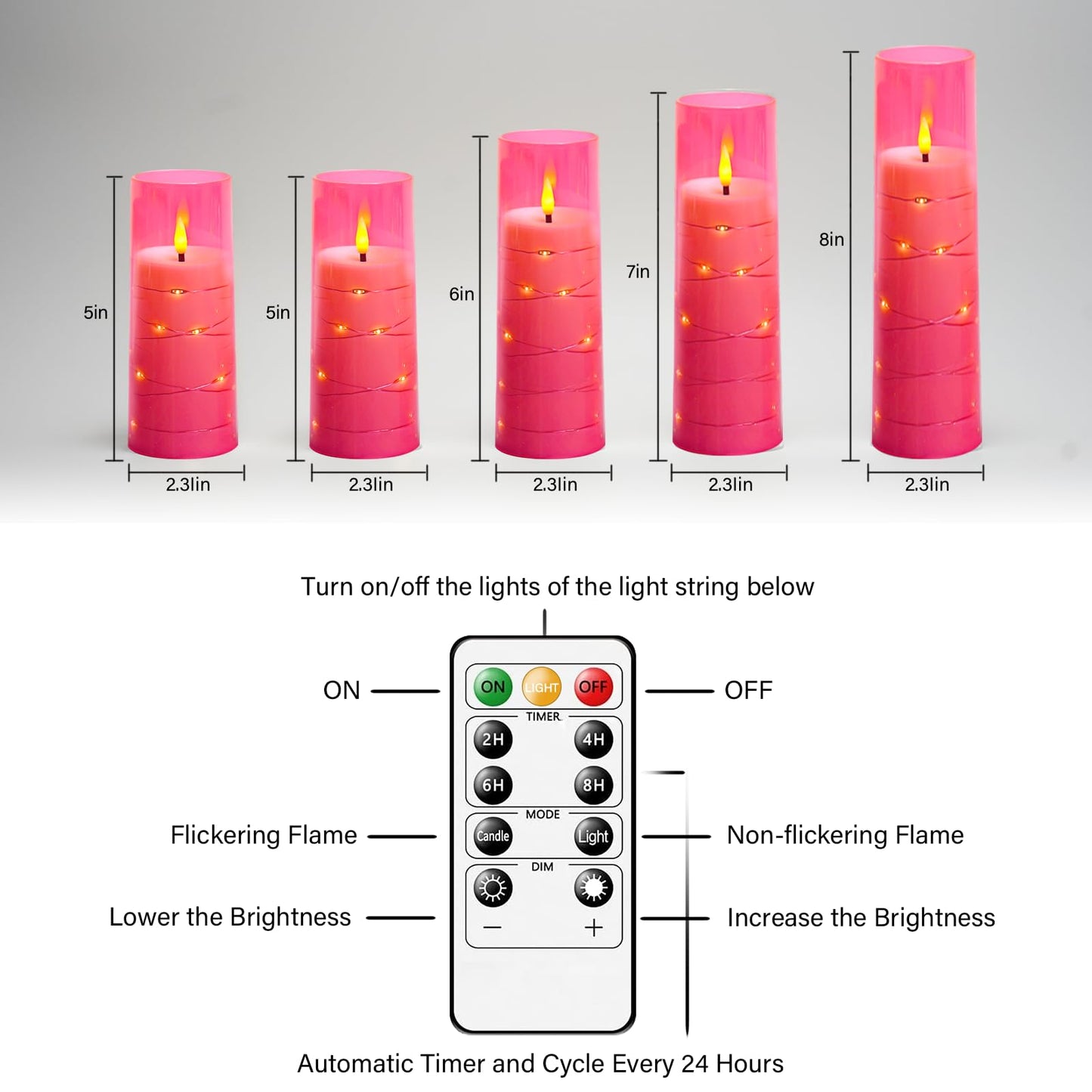 kakoya Flameless LED Candles with Timer 5 Pc Flickering Flameless Candles for Romantic Ambiance and Home Decoration Stable Acrylic Shell,with Embedded Star String，Battery Operated Candles(Pink)