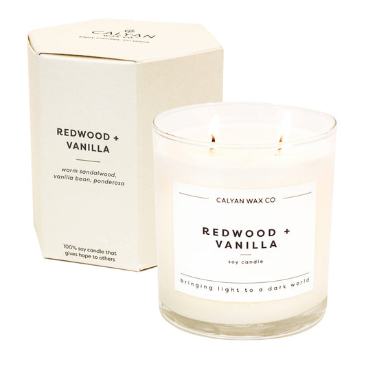 Calyan Wax Co. Redwood & Vanilla 2 Wick Scented Candle - 37 Hour Burn - Luxury Clean Soy Wax Candles - Long Lasting Large Glass Jar Candle for Home - 8.8oz