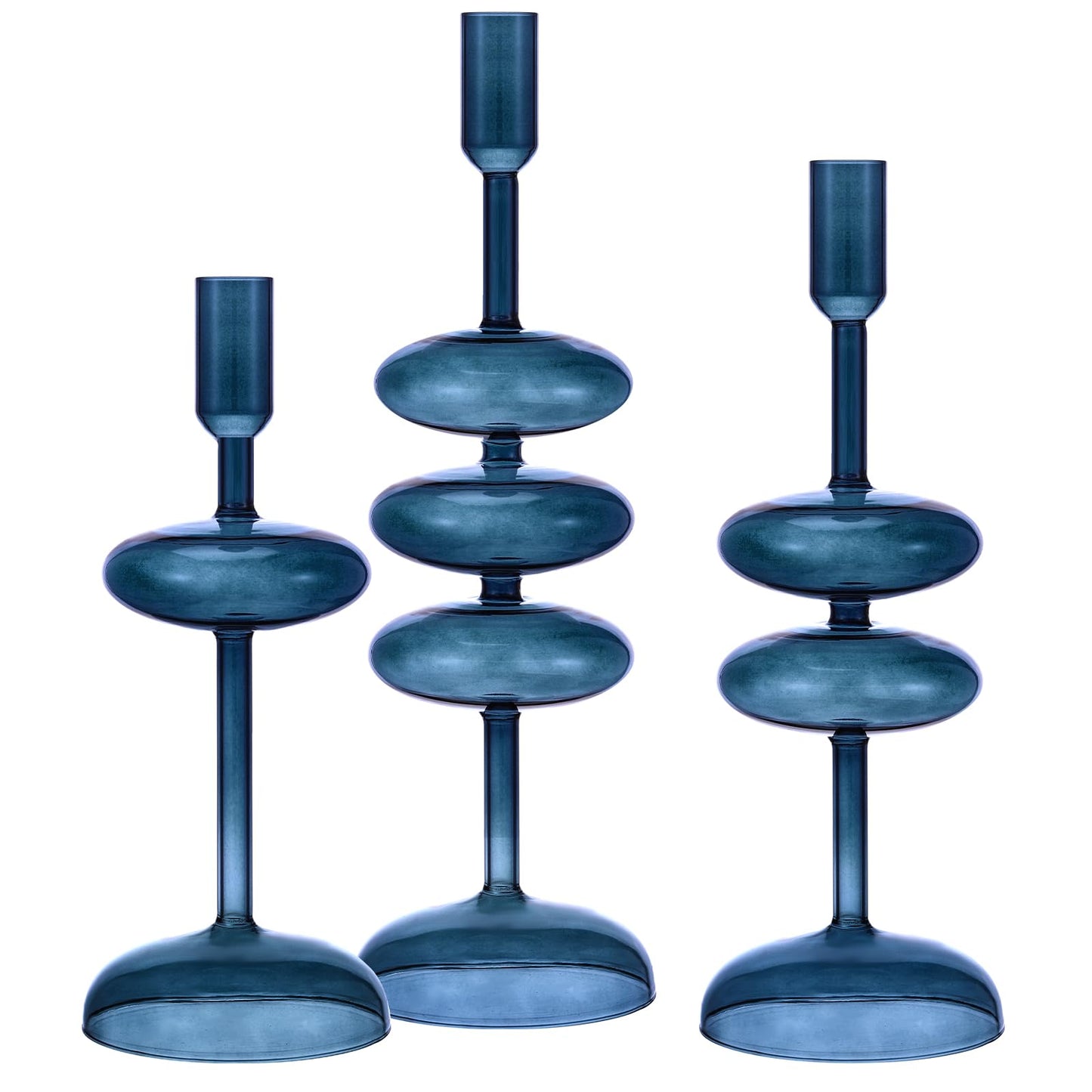 LemonRoad Glass Taper Candle Holders Set of 3, Bubble Candlestick Holders for Table Centerpiece, Elegant Wavy Stacked Geometric Candleholders for Wedding, Dinner, Party, Home Decor(Deep Blue)