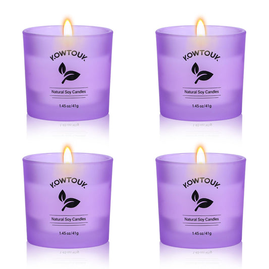 Set of 4 White Unscented Soy Candles, Purple Glass Filled Votive Candles, Hand Poured Wax Candle for Home Décor Aromatherapy Spa Holidays Party and Weddings