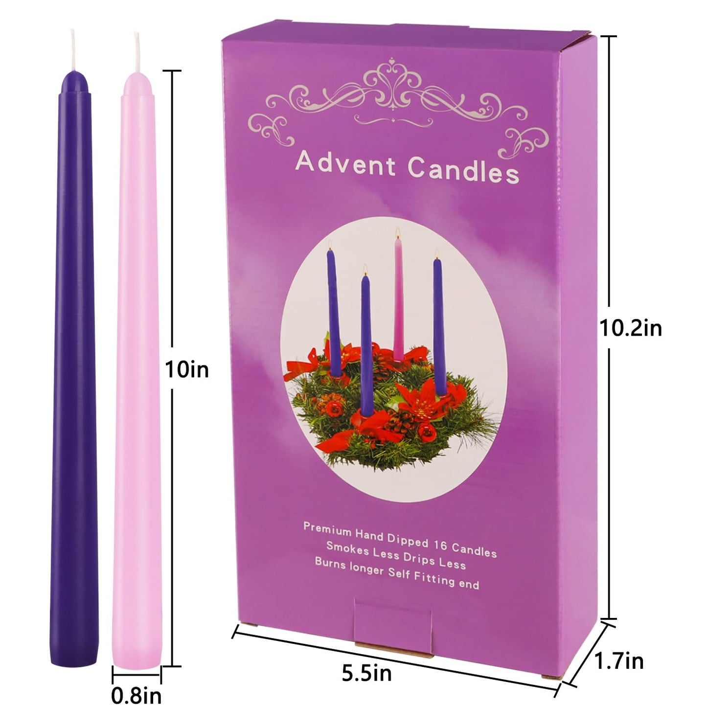 16pcs 10-inch Advent Taper Candles Unscented and Dripless for Christmas, Advent, Holidays, Church, Devotional, Celebration, Party (Purple, Pink)