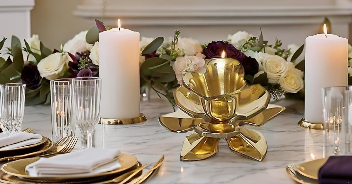 Lotus Shaped Brass Candlestick Holder for Kitchen Decor, Church Events, Wedding Reception Centerpieces or Christmas Decorations (4 x 1.6)