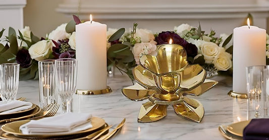 Lotus Shaped Brass Candlestick Holder for Kitchen Decor, Church Events, Wedding Reception Centerpieces or Christmas Decorations (4 x 1.6)