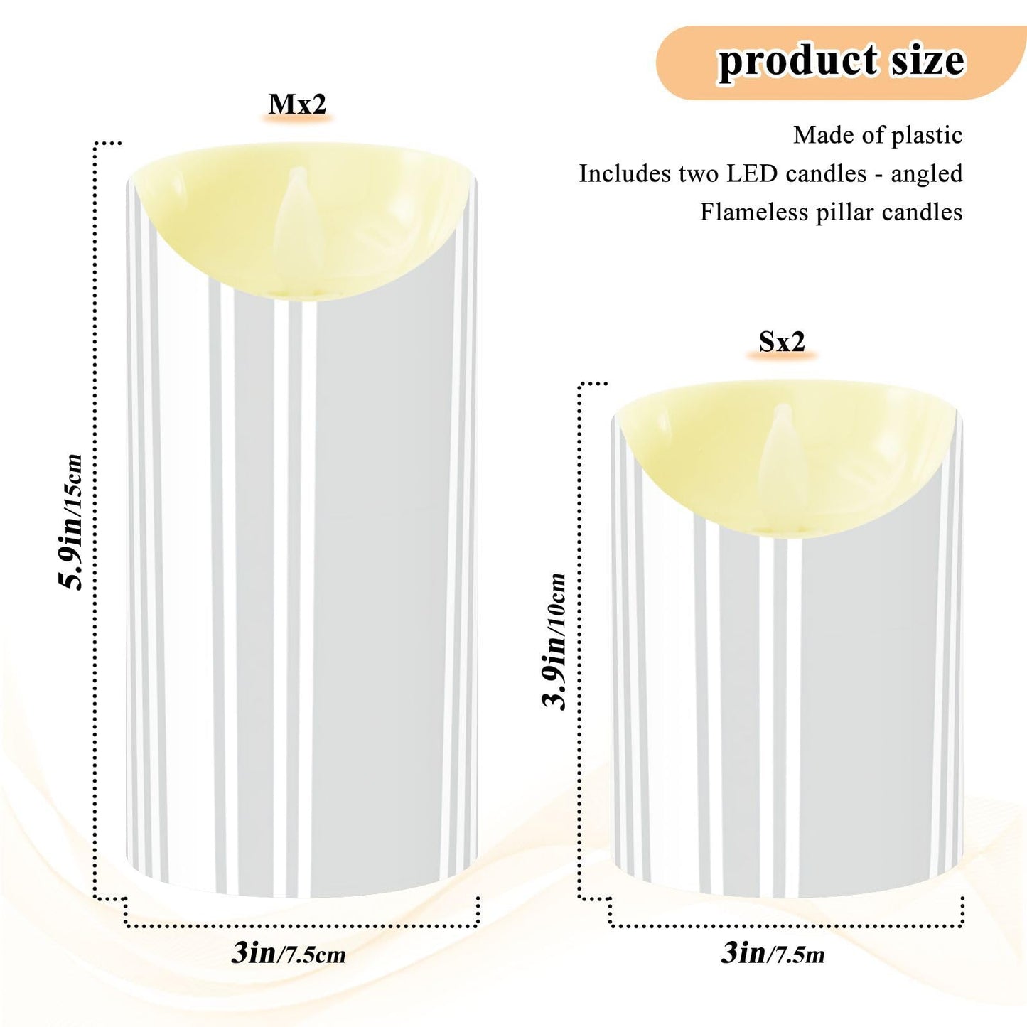 Gravopti Grey Stripe 2 Pack Flameless LED Pillar Candles with Remote & Timer, Battery Operated, Flickering Wax Candle for Wedding, Romantic Home & Party Decor