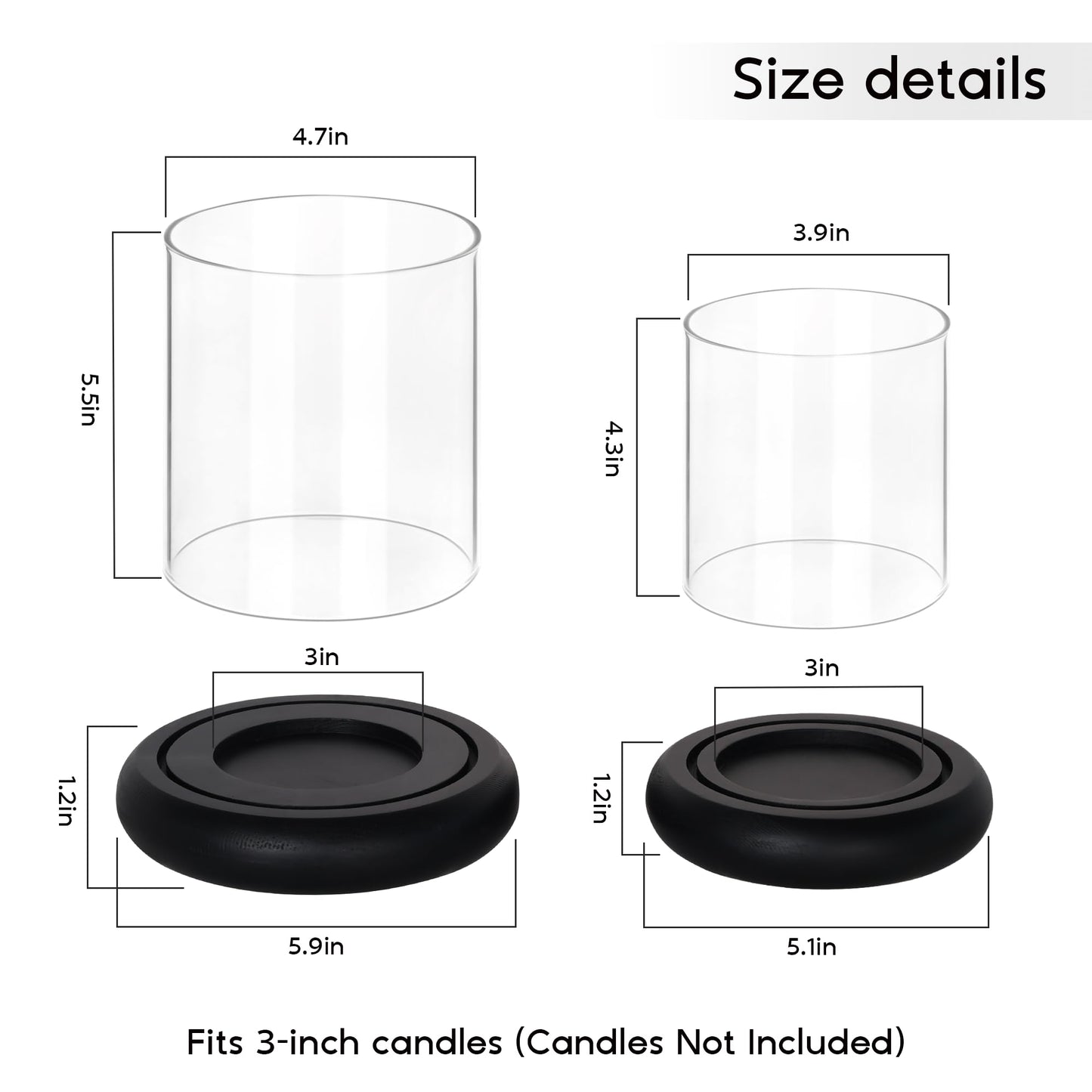 Set of 2 Black Hurricane Candle Holders with Wood Base, Modern Windproof Glass Cylinder Lantern, Farmhouse Pillar Candle Holder Decor for Table Centerpieces, Living Room, Patio & Kitchen Dining