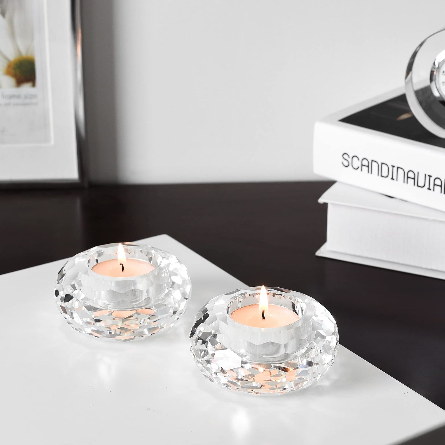 Kitcom Crystal Tealight Candle Holders Pack of 2, Hand-Cut Candle Holder Home Decor for Wedding Banquet Dinner 3.2" Diameter x 1.6" High, Clear
