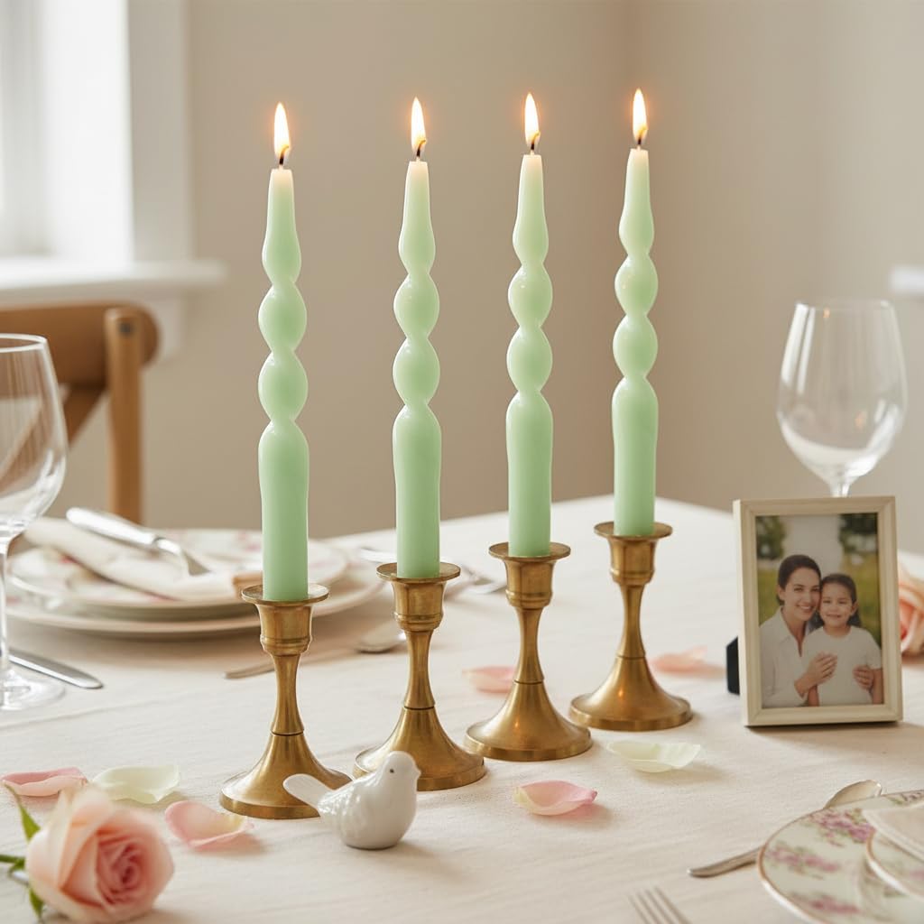 10 Inch Spiral Candles Set of 4, Light Green Taper Candles, Handmade Twisted Candles, Unscented Candle Sticks for Summer Wedding Dinner Decor