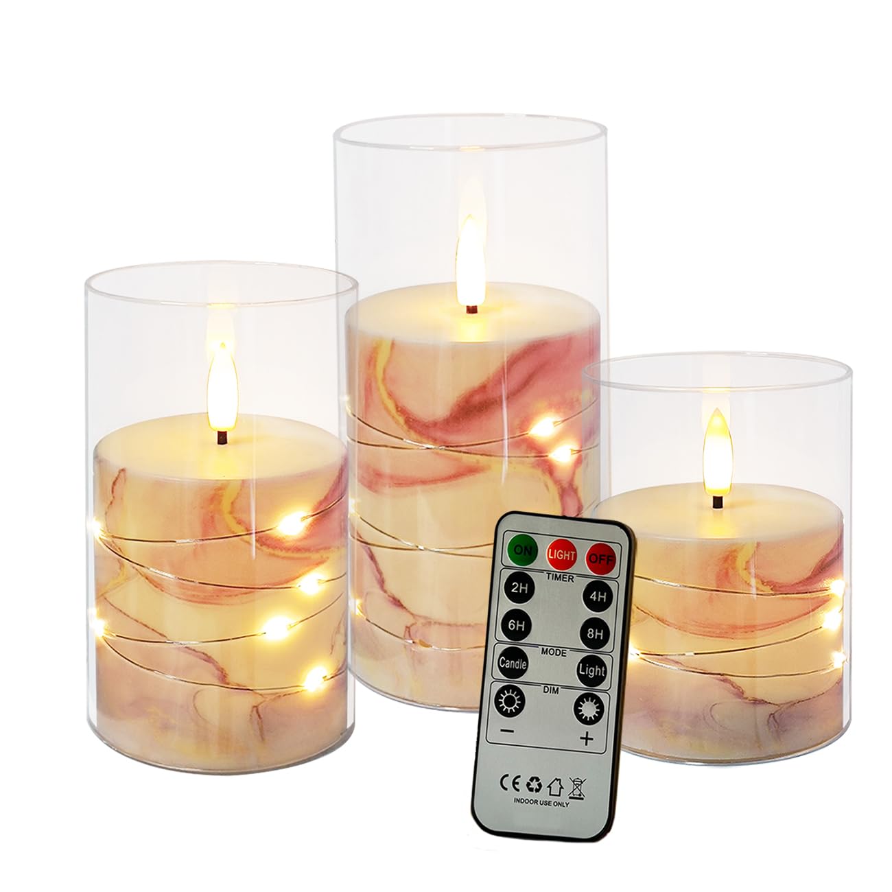 Flickering Flameless Candles Pink Marble Embedded Star String Lights, Battery Operated Acrylic LED Pillar Candles with 11-Key Remote and Timer for Home Decoration, 3 Pack