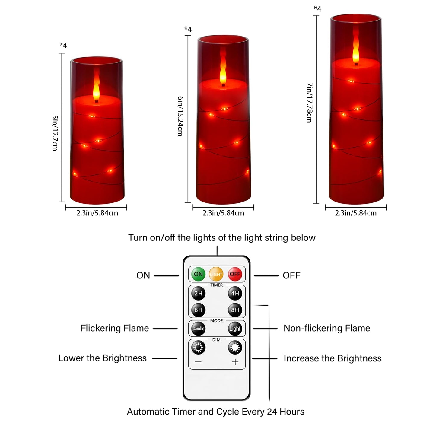 Sasigeiaa Flameless Candles with Embedded Star String - Battery Operated LED Candles, with Remote,12 Red Flickering Candles for Christmas, Weddings, Home Decor & Party,(D 2.3"×H 5" 6" 7")