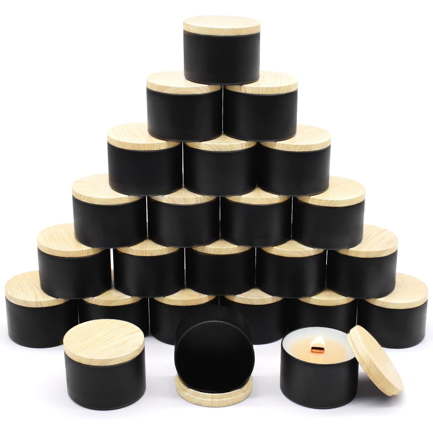 YJHSS 24-Pack 8oz Candle Tins with Wood-Grain Printing Lids, Metal Candle Jars for Candle Making, Empty Containers Vessels Bulk for Small Business & Beginners DIY Storage -Wood Black