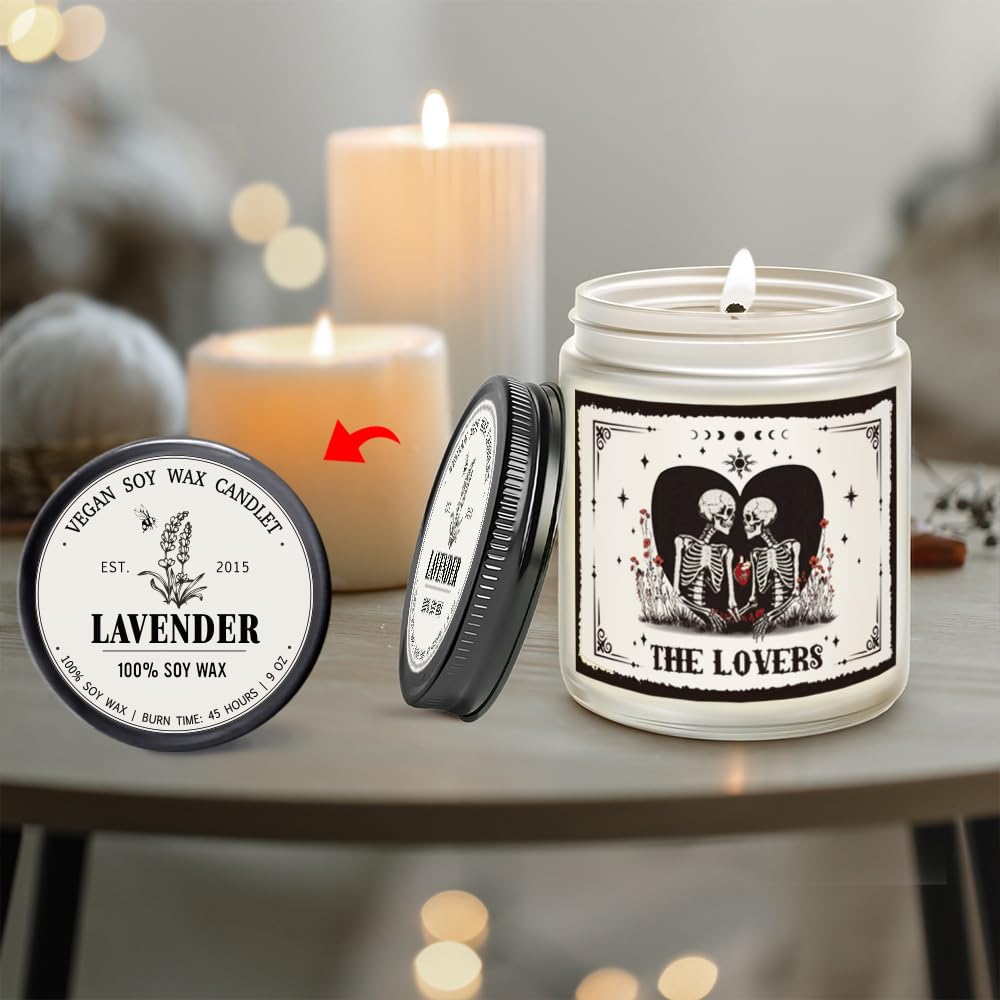 Spooky Candle The Lover Valentine Gifts for Men Women, Valentines Skeleton Gifts for Women & Men, Tarot Skull Candle, Gothic Couple Scented Lavender Candles 9OZ