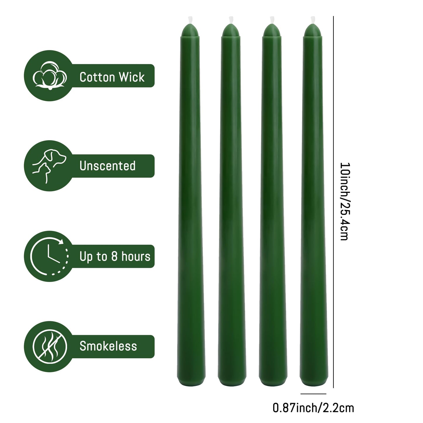 Viyffo Taper Candles, 10 Inch, 12 Pack, Noble Pine Green – Unscented, Dripless & Smokeless Design, Up to 8 Hour Burn – Long Tall Taper Candlesticks for Wedding, Dinner & Home Decor