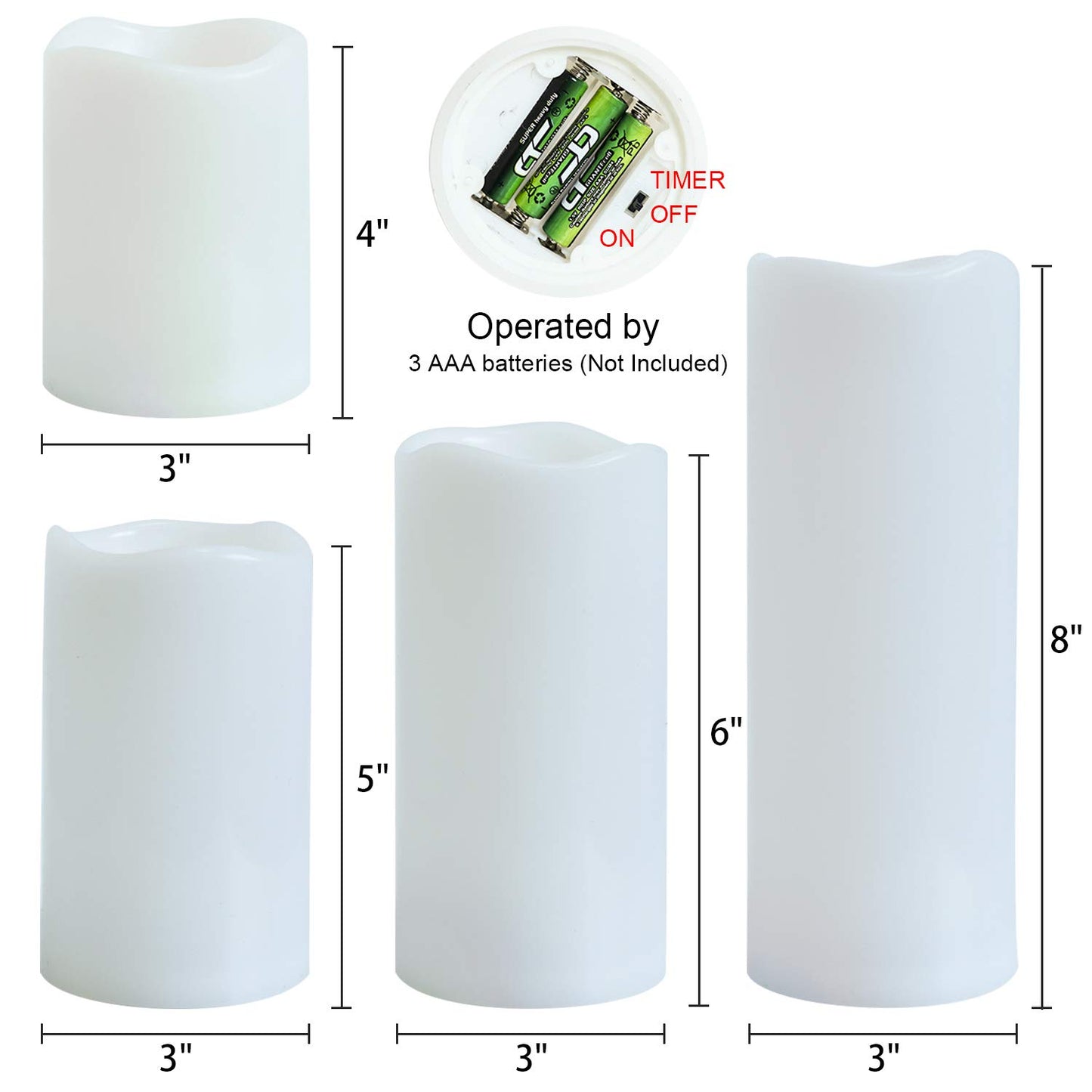 Eldnacele Waterproof Flameless Flickering Candles with 6 Hours Timer, Indoor Outdoor White LED Plastic Battery Operated Pillar Candles Pack of 4 Wedding Dinner Home Decor, D3”x H4” 5” 6” 8”