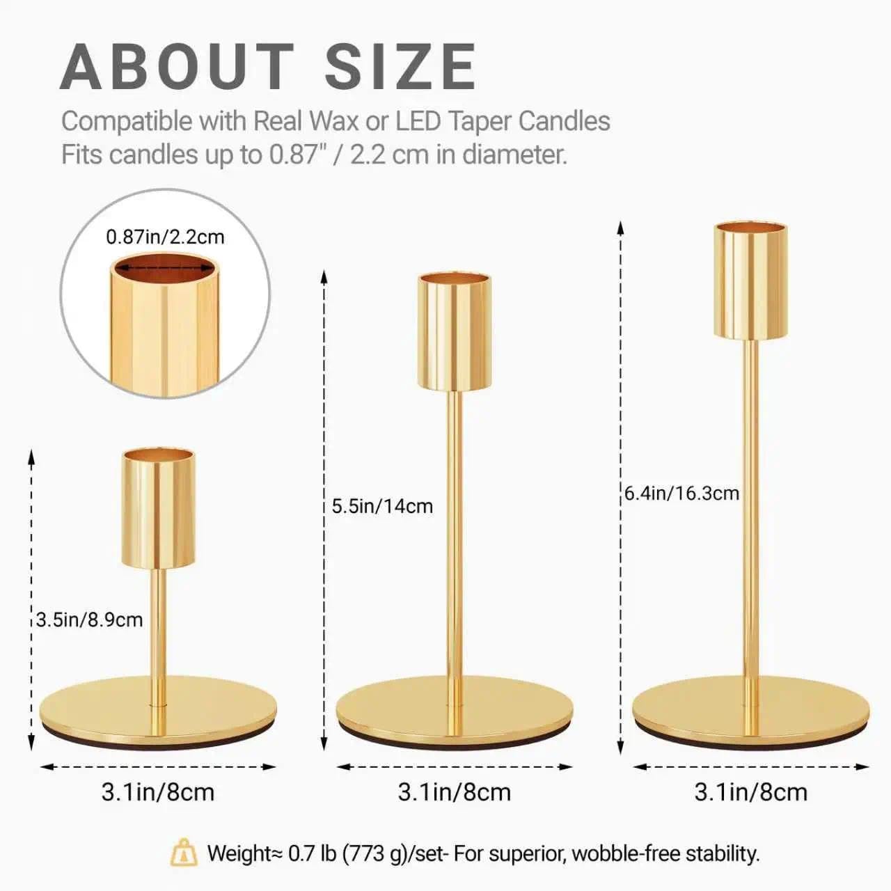 zeochyni French Gold Candlestick Holders Set of 6, Metal Taper Candle Holders in 3 Heights with Weighted Base for Dining Table Centerpiece, Wedding, Mantel Decor and Housewarming Gift